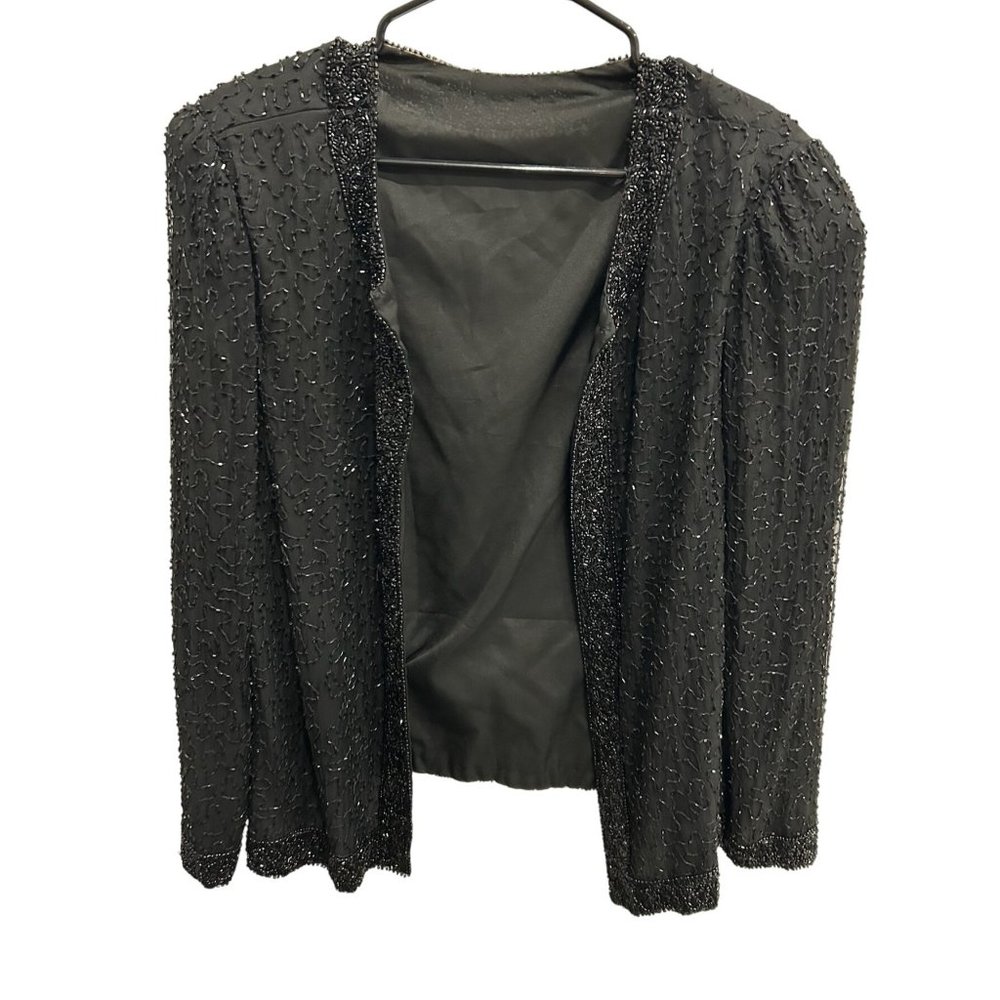 Vintage Black Beaded Open Front Jacket With Sequins Detailed Embellishments